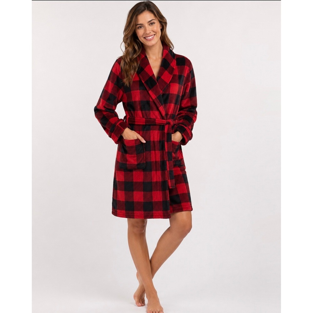 Sonoma Red Black Buffalo Plaid Fleece Robe Size Small NWT